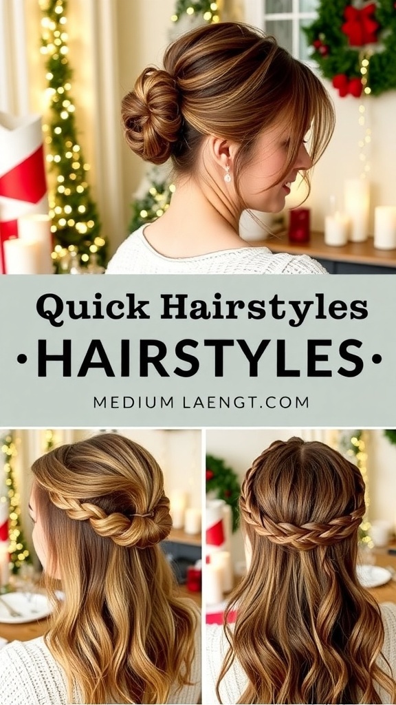 A woman with medium length hair styled in various quick hairstyles for a Christmas party, surrounded by festive decorations.